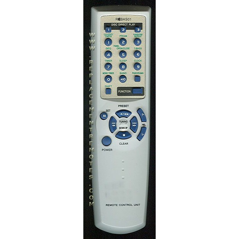 The Aiwa RCBAS01 Audio Remote Control has buttons for disc functions, presets, volume, tuning, and power. Its design is similar to models like the CXNAJ800 or NSXAJ800.