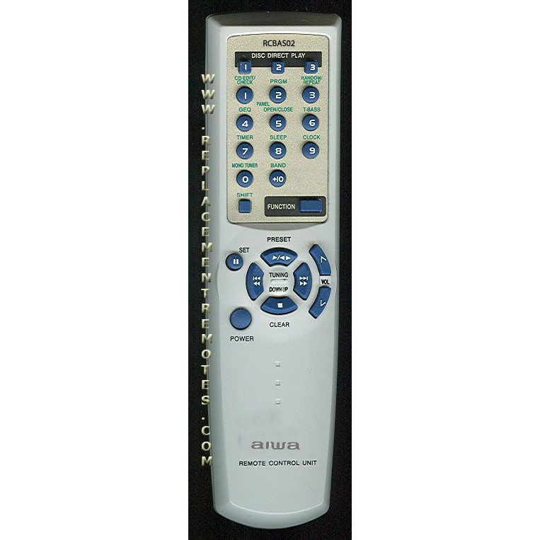 The Aiwa RCBAS02 Audio Remote Control, perfect for models like the CXNAJ700 and NSXAJ700, features a blue-gray keypad with buttons for TV, deck, menu, band, tuner, and volume control.