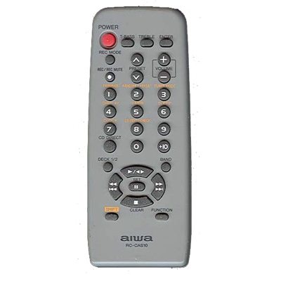 A sleek gray remote control with buttons for power, volume, numbers, and playback functions. The name Aiwa RCCAS03 Audio Remote Control is prominently displayed at the bottom, alongside the model number RD-C450.