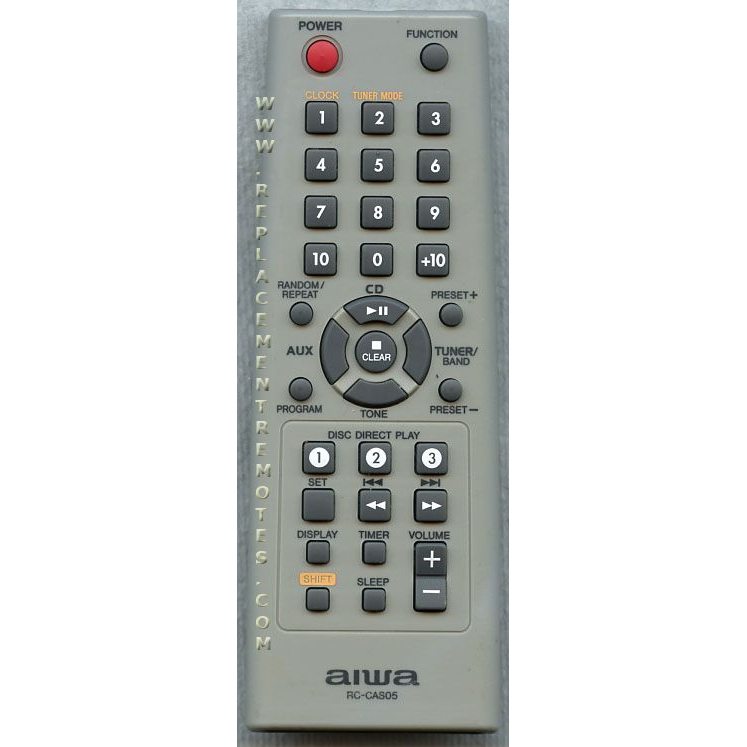 The Aiwa RCCAS05 Audio Remote Control, also called the RC Unit, is a sleek gray remote featuring buttons for power, function, CD, tuner, volume control, disc play, and other audio settings.