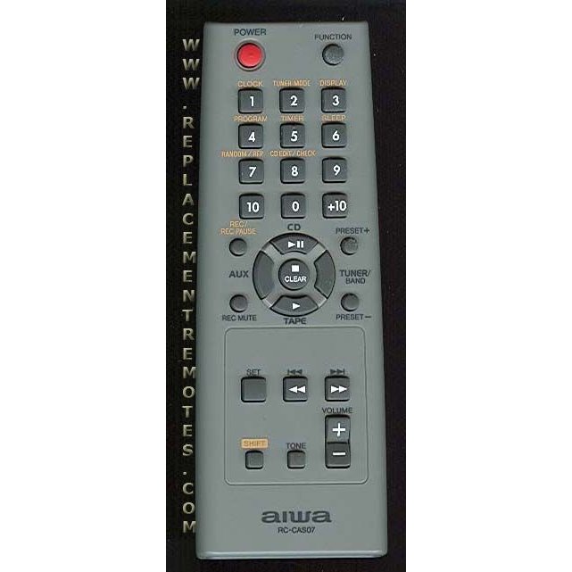 The Aiwa RCCAS07 Audio Remote Control, compatible with models such as the XREM30, includes buttons for power, function, and media settings.