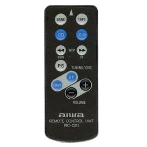 The sleek black Aiwa RCCD1 Audio Remote Control offers buttons for CD and tape functions, volume control, and precise tuning.