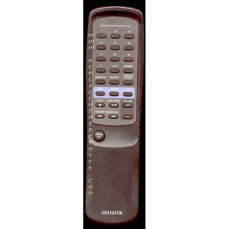 The Aiwa RCCD4 Audio Remote Control boasts a sleek black design featuring numerous dark gray buttons labeled for play, stop, and volume functions.