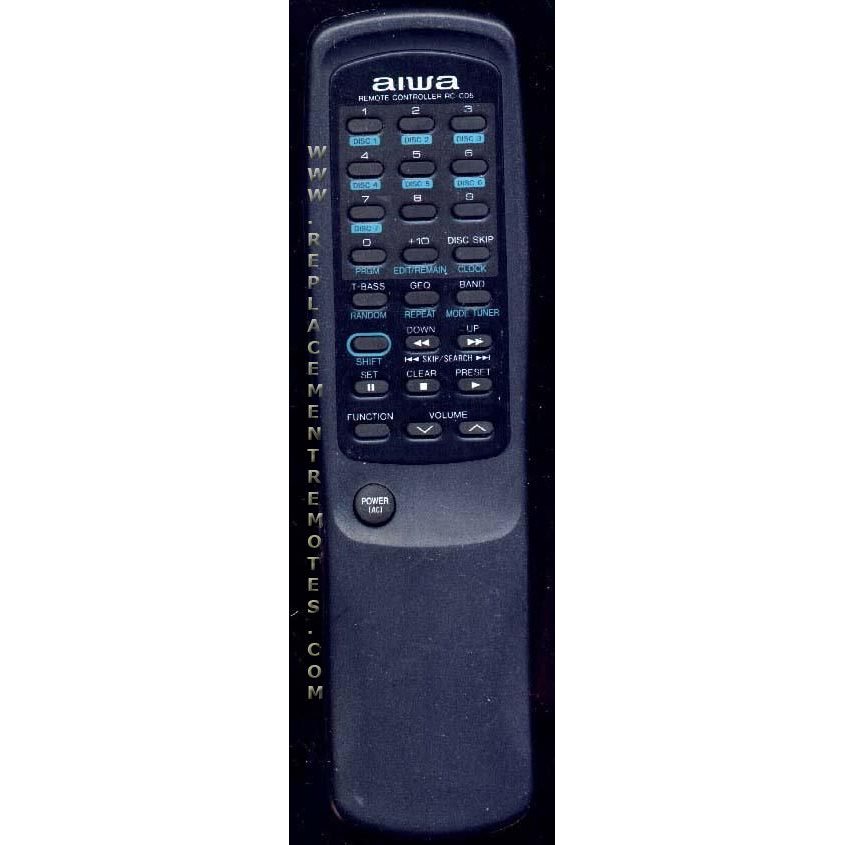 The Aiwa RCCD5 Audio Remote Control, akin to models like the CADW700 and NSXV2000, includes buttons for power, function, and volume, with a website URL on the left edge.