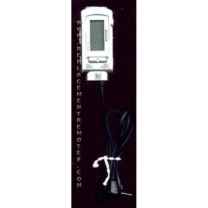 The Aiwa RCHX30 Audio Remote Control, with a small screen and buttons, is attached to a black cable against a dark background. The design blends style with functionality.