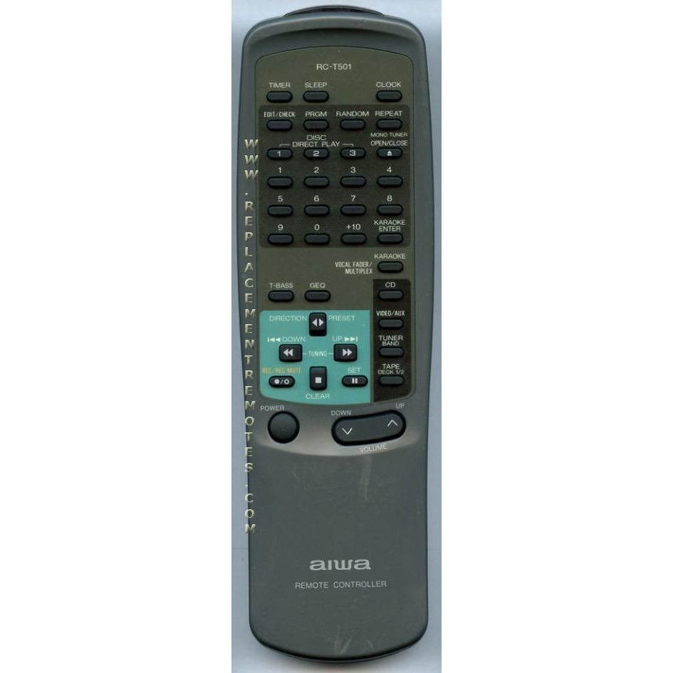 The Aiwa RCT501 Audio Remote Control includes black, white, and gray buttons for functions such as volume, direction, and playback control.
