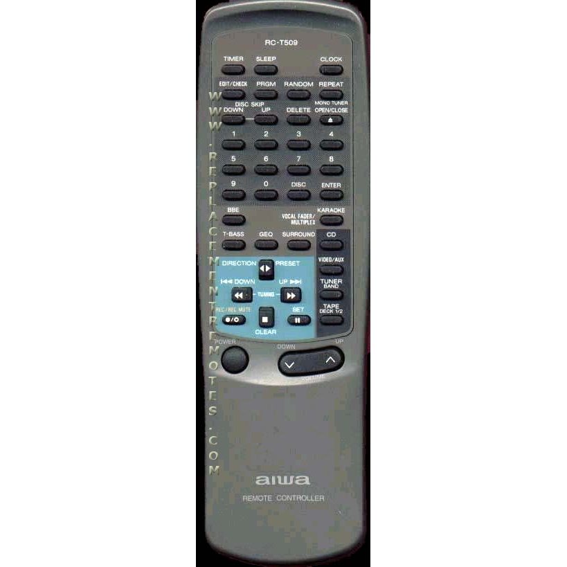The elegant gray Aiwa RCT509 Audio Remote Control, model RC-T509PN, is equipped with various buttons for power, volume, and channel functions. Its user-friendly design enables smooth operation.