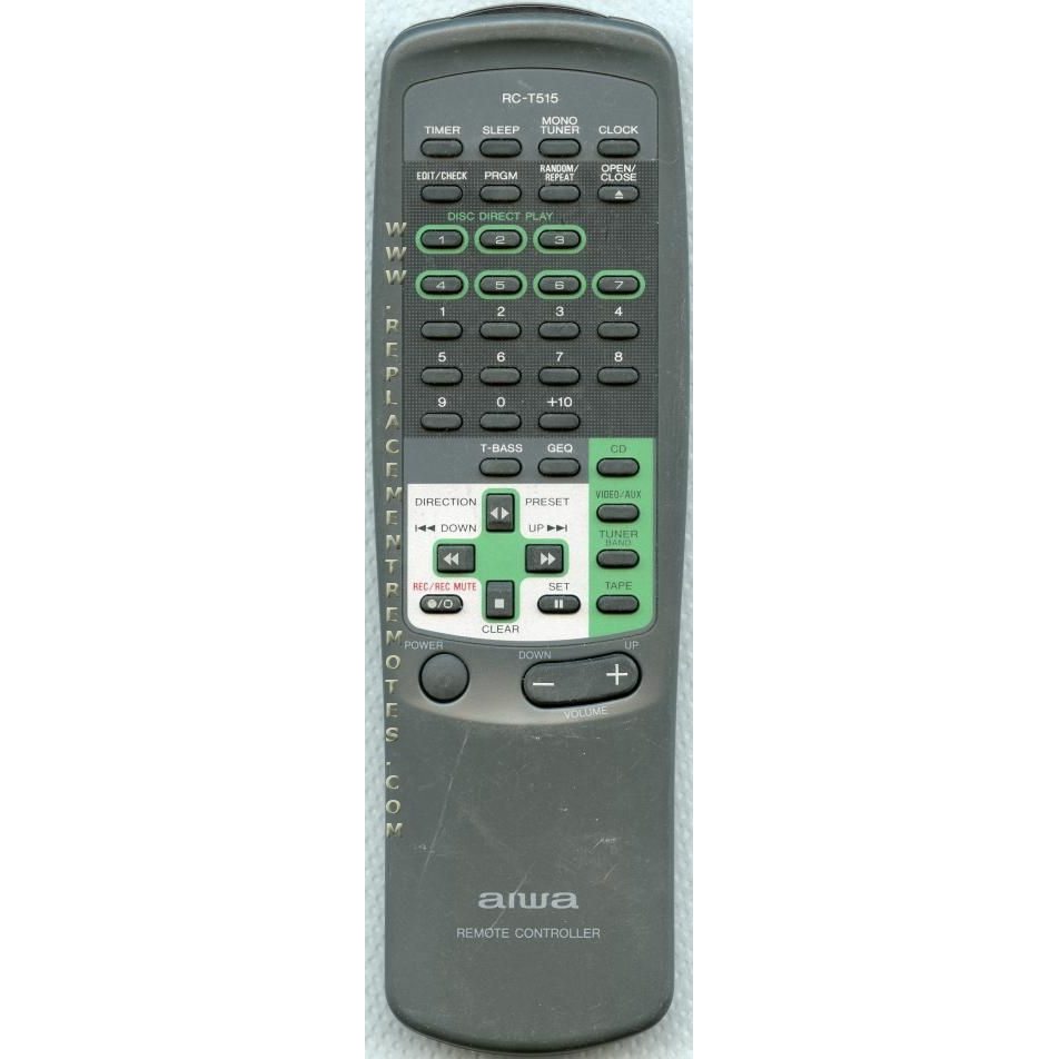 The Aiwa RCT515 Audio Remote Control, in sleek gray, features buttons for volume, tuning, and functions. The model number RC-T515F is displayed prominently at the top and perfectly complements audio systems like the LCX800 for an enhanced experience.
