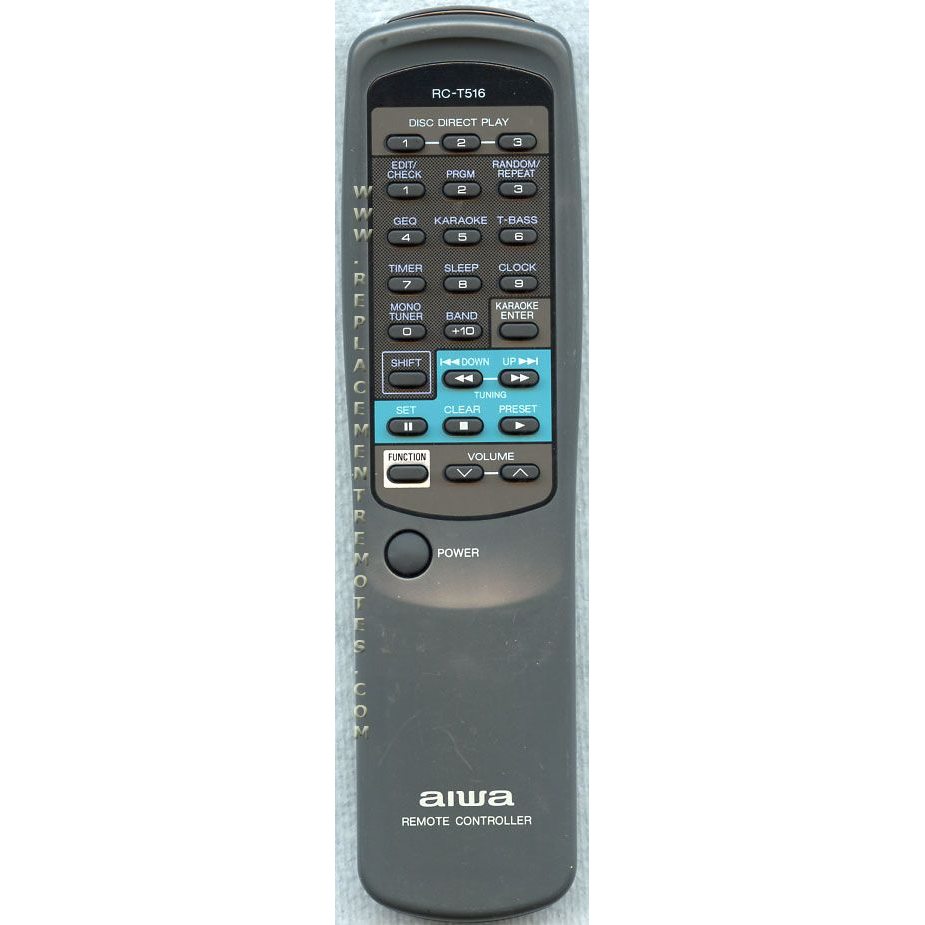 The Aiwa RCT516 Audio Remote Control in gray supports models such as NSXV3000 and CXNV3000, featuring multiple buttons for volume adjustment, disc play, and karaoke functions.