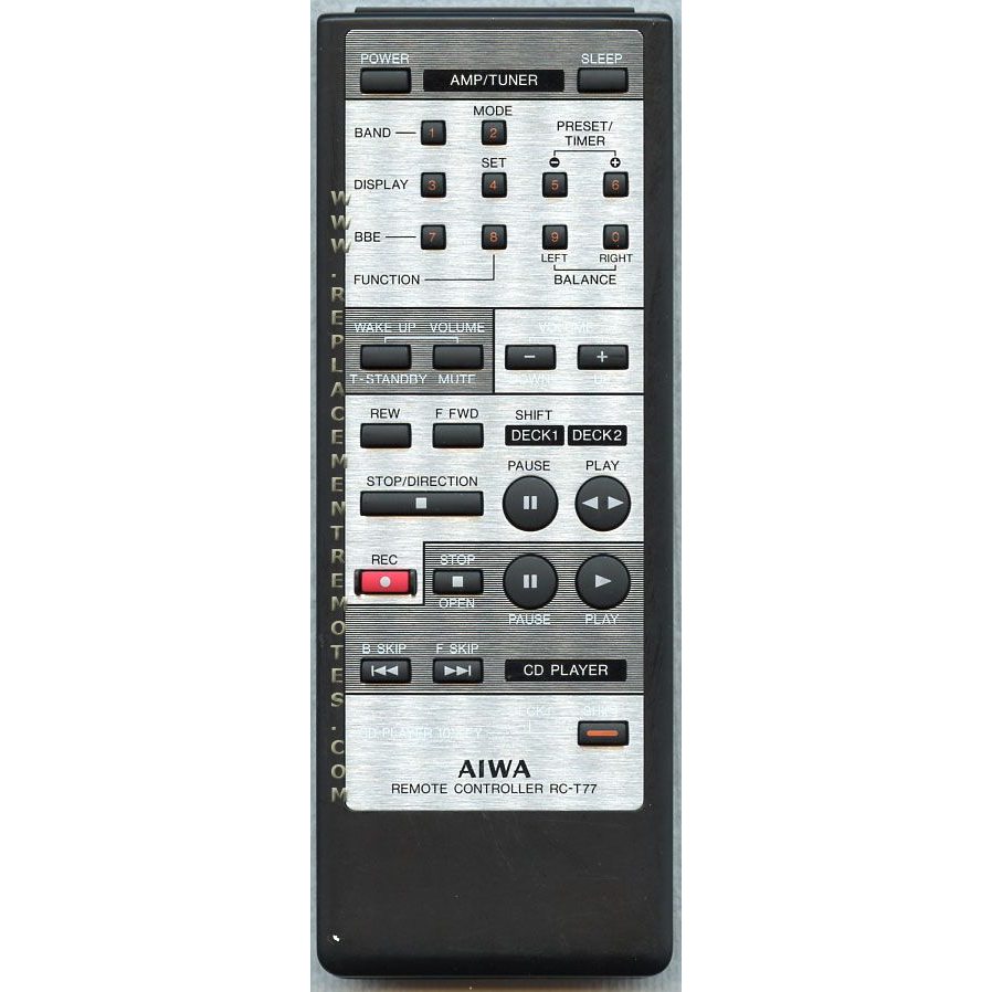 The Aiwa RCT77 Audio Remote Control, in a sleek silver and black design, includes buttons for power, volume, tuning, band, and playback functions. It also features a central play/pause button and numeric keypad for easy control.