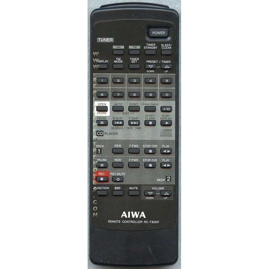 The Aiwa RCT800F Audio Remote Control is designed for NSX800 systems, featuring buttons for tuner, CD player, tape, and volume. Its black casing displays the "Aiwa" branding at the bottom.
