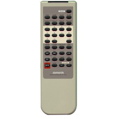 The Aiwa RCTA92 Audio Remote Control features a rectangular design with black buttons on a sleek beige casing, allowing control for TV, tape, tuner, and CD. It complements systems like the SXANA72 or NSXA72.