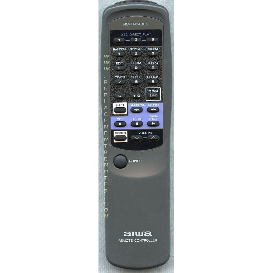 The Aiwa RCTN340EX Audio Remote Control features numerous buttons for functions like power, timer, and volume, making it a perfect match for systems like the NSX3150.