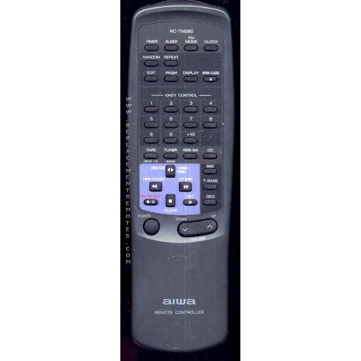The refurbished Aiwa RCTN360 black remote control features buttons for sleep, clock, tape, tuner, CD, and volume. It includes a logo at the bottom and is compatible with model CXN3300 for seamless control.