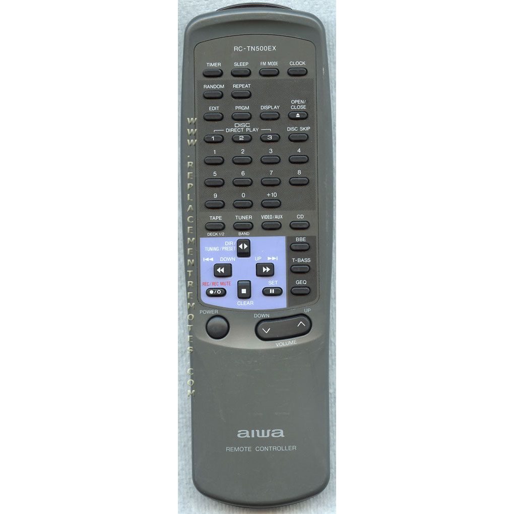 The Aiwa RCTN500EX Audio Remote Control in gray is equipped with multiple buttons for functions like volume, playback, and mode settings.