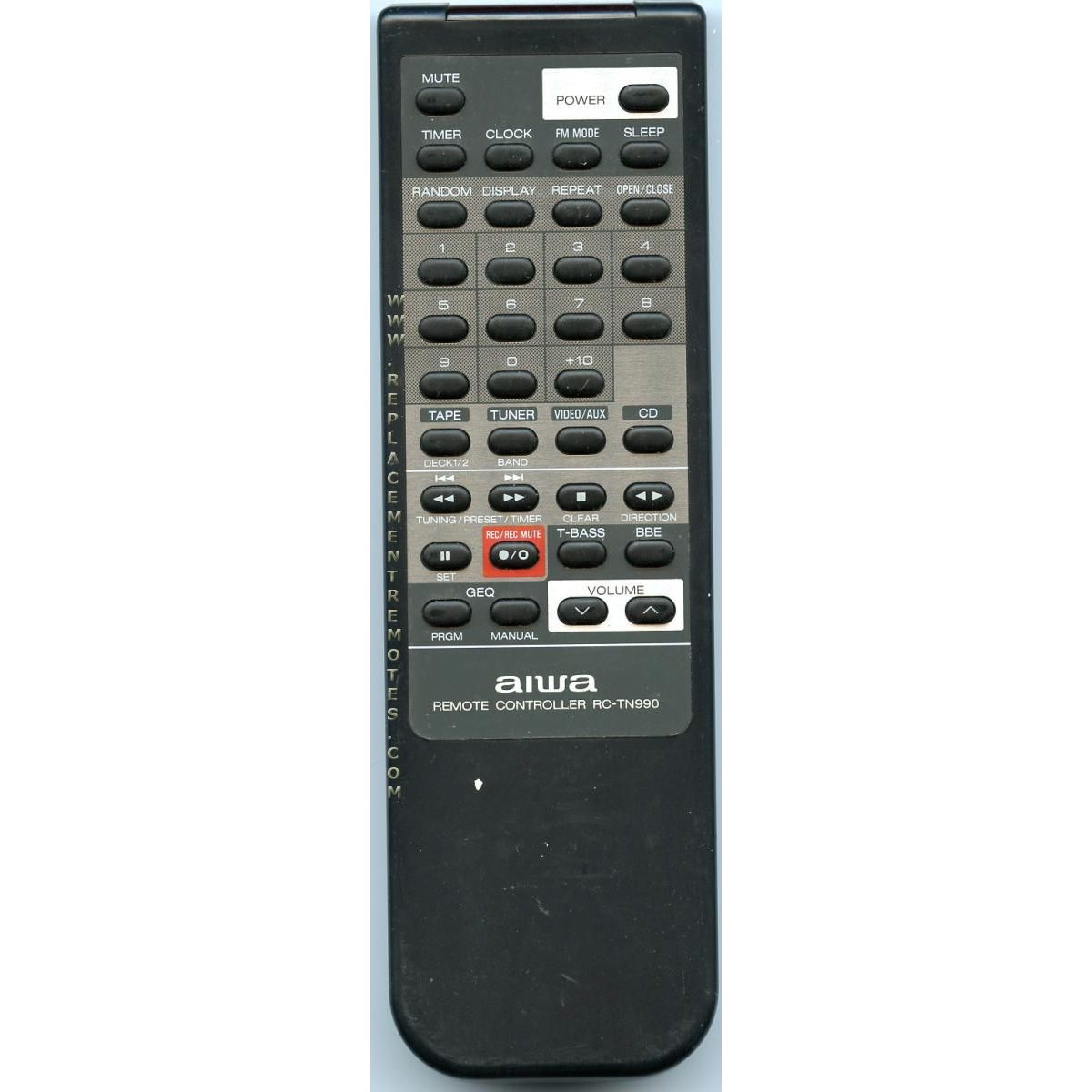 The Aiwa RCTN990 Audio Remote Control, compatible with NSX990 and other models, features buttons for power, volume, tape, tuner, CD, and various playback functions.