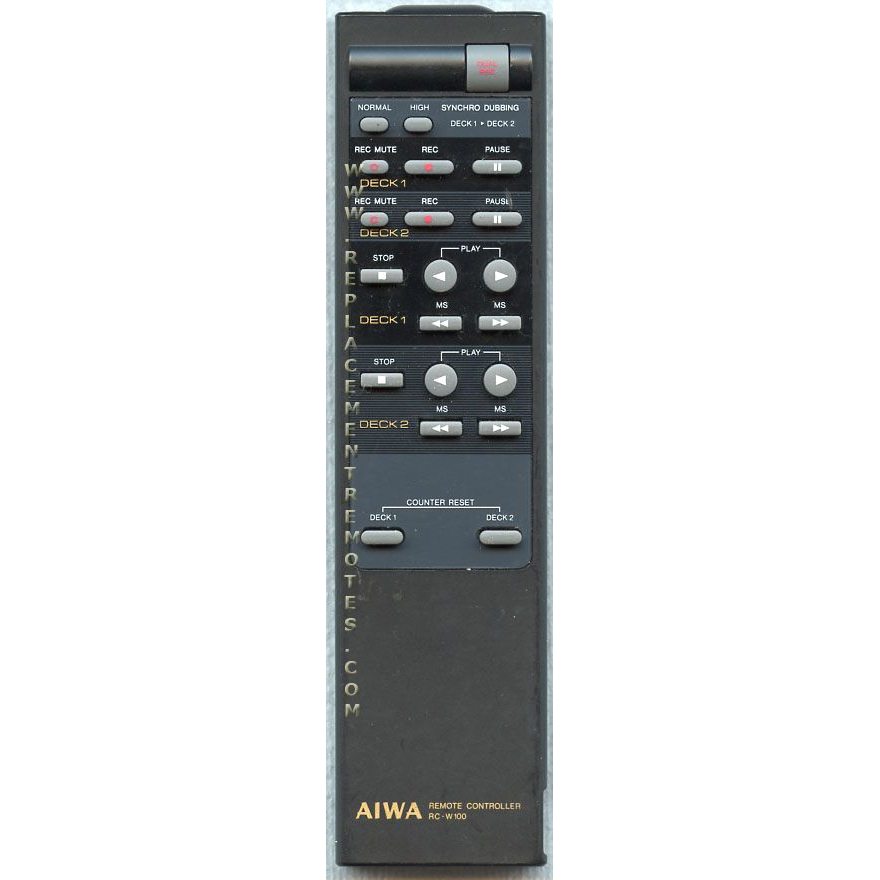 The Aiwa RCW100 Audio Remote Control includes buttons for play, stop, forward, rewind, record, mic, and deck functions.