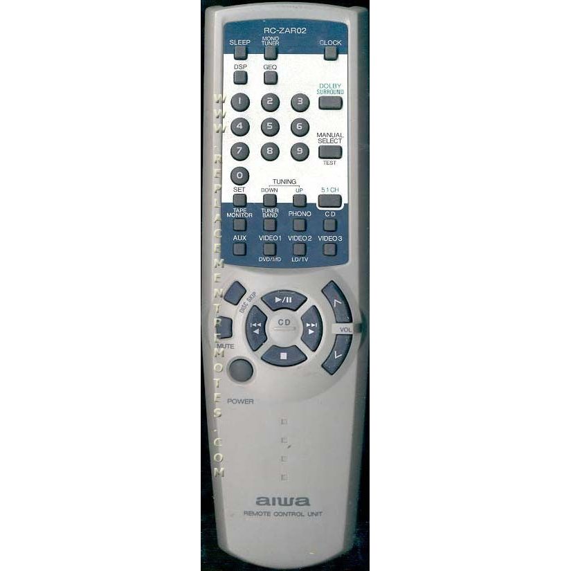 The gray Aiwa RCZAR02 Audio Remote Control includes functions like sleep, display, mode selection, circular navigation and volume controls. Compatible with models like AVD35U for a seamless multimedia experience.