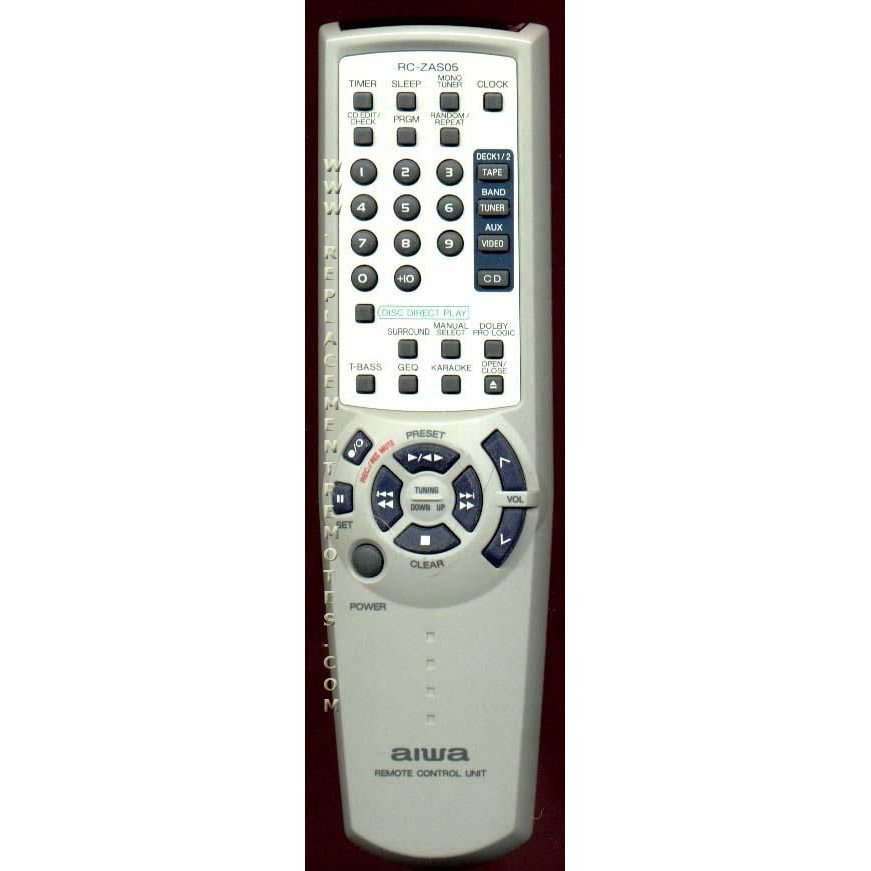 The Aiwa RCZAS05 Audio Remote Control, made for models like U0089240U, includes buttons for power, volume, and timer.