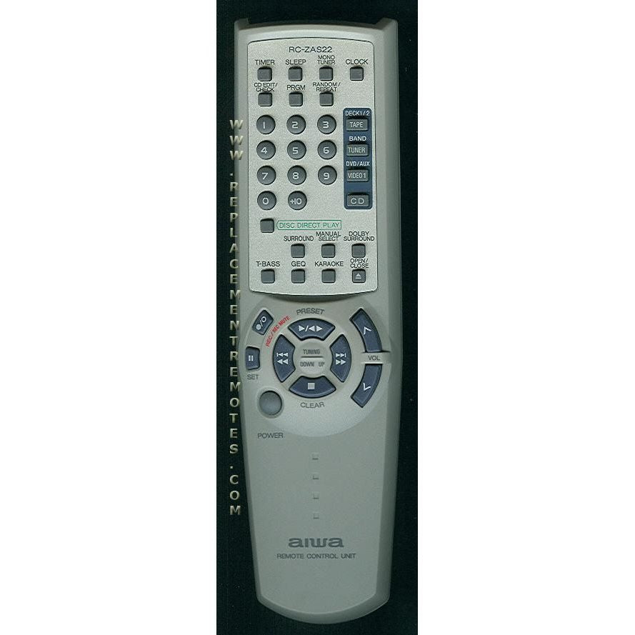 The Aiwa RCZAS22 Audio Remote Control features multiple buttons for volume, TV, tuner, and a directional pad. Known for its compatibility, it is similar to model RC-ZAS02.
