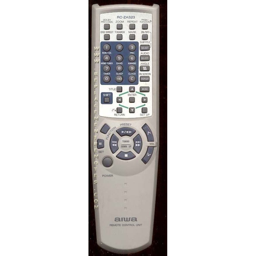The Aiwa RCZAS23 Audio Remote Control, similar to the CXNDV5 in design, offers numerous functional buttons like power, volume, and channel for a seamless user experience.