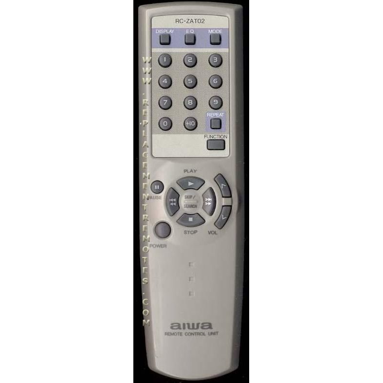 The Aiwa RCZAT02 Audio Remote Control includes buttons for display, mode, function, play, stop, power, and additional features.