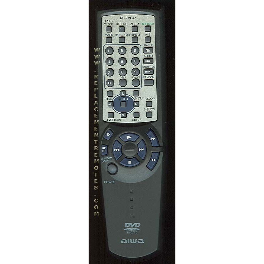 The Aiwa RCZVL07 Audio Remote Control features numerous buttons for play, pause, setup, and navigation options.