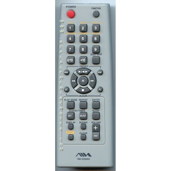 The Aiwa RMZ20004 Audio Remote Control, in grey, is compatible with Sony 147784211 and includes buttons for power, function, numbers, volume, and playback controls.
