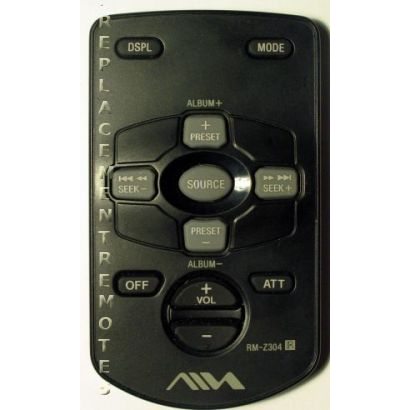 The Aiwa RMZ304 Audio Remote Control is a black rectangular car stereo remote with buttons for display, mode, seek, volume, and source selection. It features "Replace Remote" text on the side and branding at the bottom and is comparable to Sony model 1-476-526-51.