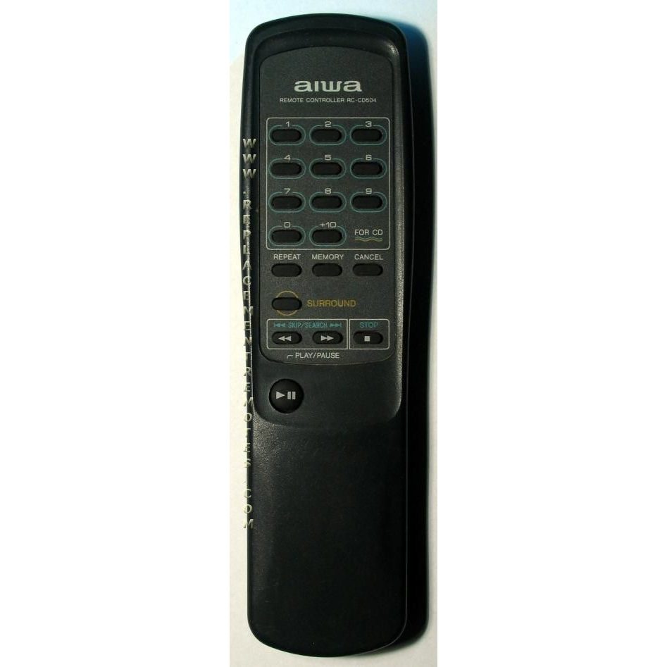The Aiwa SRCCD504000 Audio Remote Control in black includes buttons for power, CD, repeat, memory, cancel, and play/pause functions.
