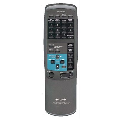 The Aiwa U0137739U Audio Remote Control, in sleek gray, offers various TV function buttons such as volume, channel, and playback controls for seamless entertainment interaction.