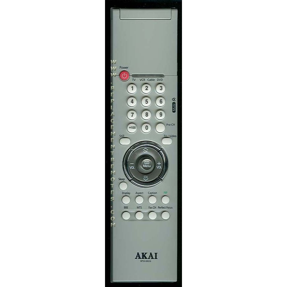 The Akai 00026A TV Remote Control, model SP1000A, has a gray design with white buttons for the numeric keypad, navigation pad, and functions for TV, VCR, cable, and DVD.