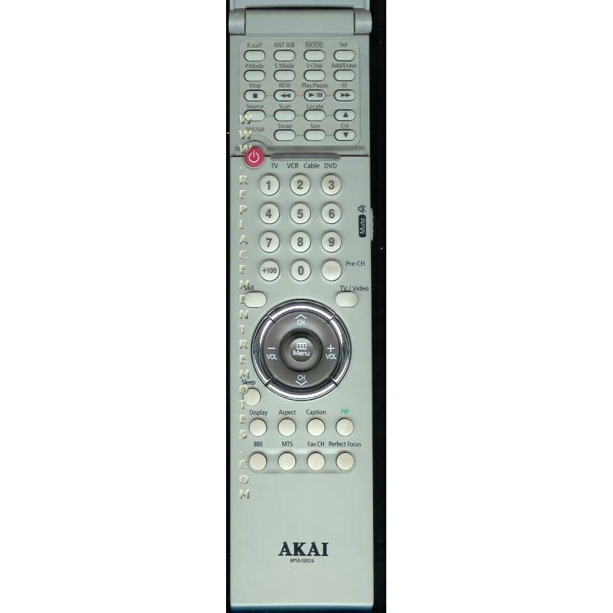 The Akai 00026A TV Remote Control is a sleek silver remote featuring buttons for TV, VCR, cable, DVD, and audio functions with volume and channel controls.