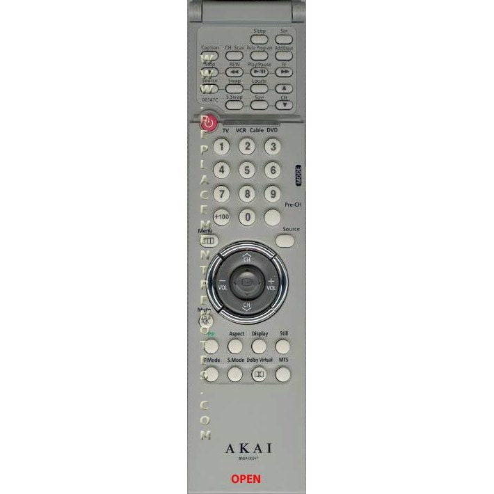 A silver Akai BN5900347 TV Remote Control features multiple buttons like a numeric keypad, power button, and navigation wheel. It is compatible with the Samsung BN59-00347C model, ensuring seamless operation with Samsung devices.