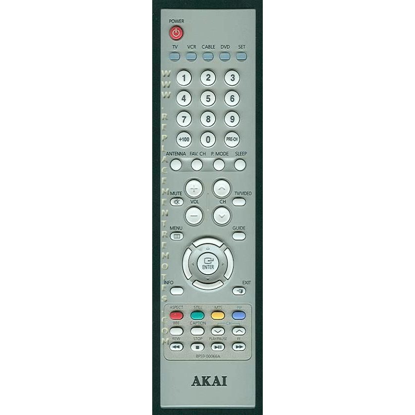 Enjoy seamless convenience with the Akai BP5900066A TV Remote Control, designed to operate TVs, VCRs, cables, DVDs, and satellites. This versatile device features a numeric keypad, directional pad, volume control, and color-coded buttons for easy navigation.