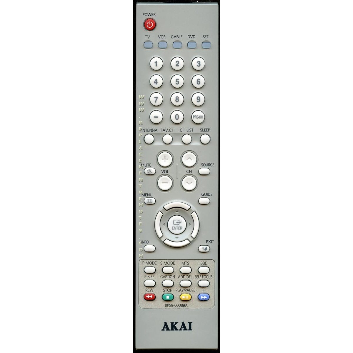 The Akai BP5900089A TV Remote Control features buttons for TV, VCR, cable, DVD, and satellite functions. Includes a numeric keypad and controls for volume, channel, and menu navigation.
