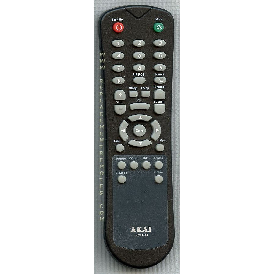 The Akai KC01A1 TV Remote Control is a black transmitter compatible with models like PDP5037TM, featuring buttons for power, mute, source, sleep, and navigation.
