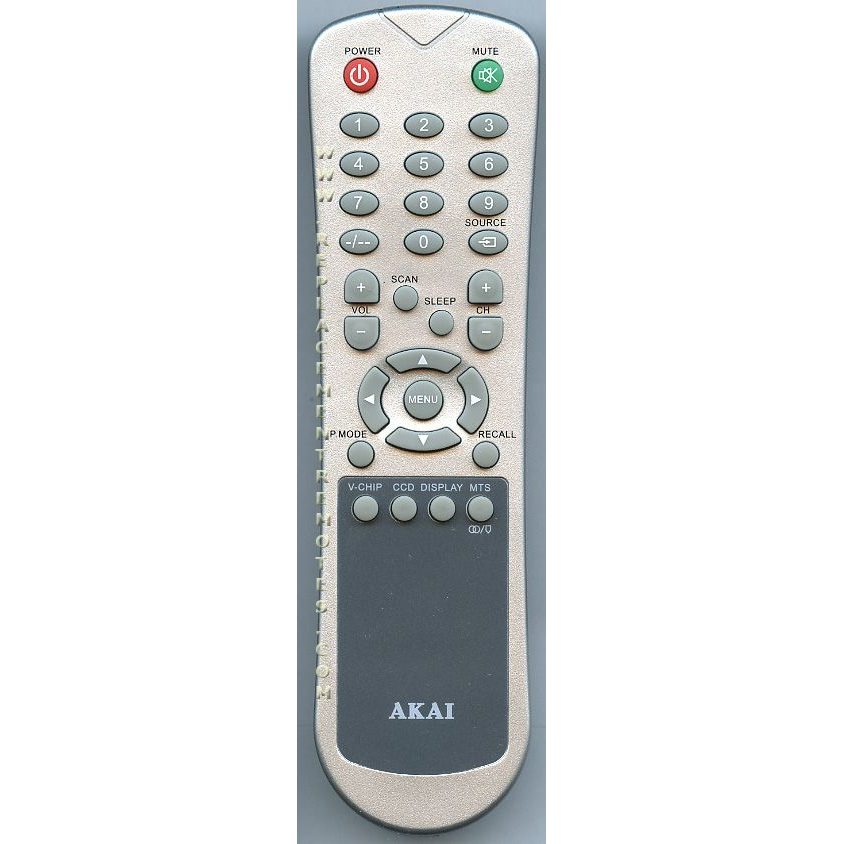The Akai TIL2016001301 TV Remote Control, finished in sleek silver and black, features buttons for power, numbers, menu, volume, and channel. The iconic "AKAI" brand is elegantly positioned at the bottom, combining style with functionality.