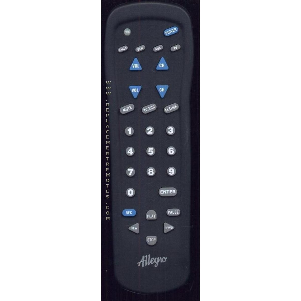 The Allegro MBC4000 TV Remote Control is a black universal remote with rubber buttons for volume, channel, play, stop, and more. It features Allegro branding and model number SIRTS160 at the bottom for easy identification.