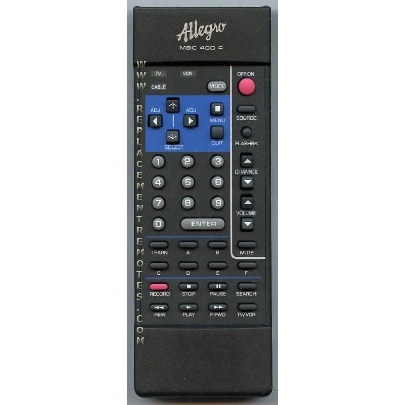 The black Allegro MBC400P remote control, compatible with model 124-191-15, includes various buttons for TV, VCR, and cable features like a number pad, volume, channel selection, and playback controls.