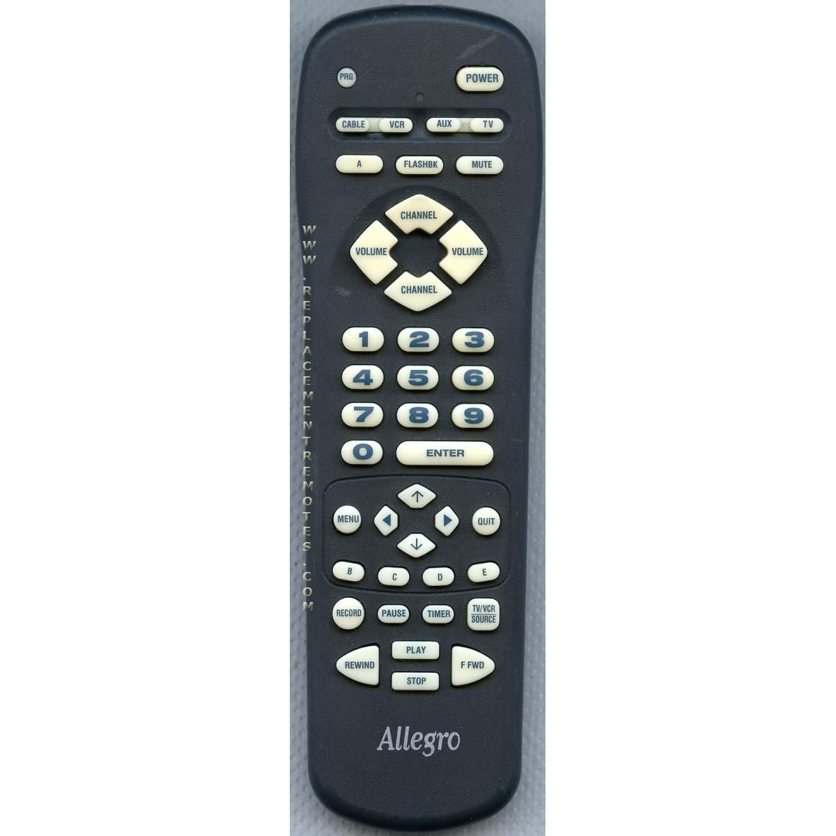 The Allegro MBC4035 TV Remote Control includes sleek white buttons, a number pad, volume and channel controls, essential navigation keys, and specific function buttons like play, rewind, and power for seamless entertainment management.
