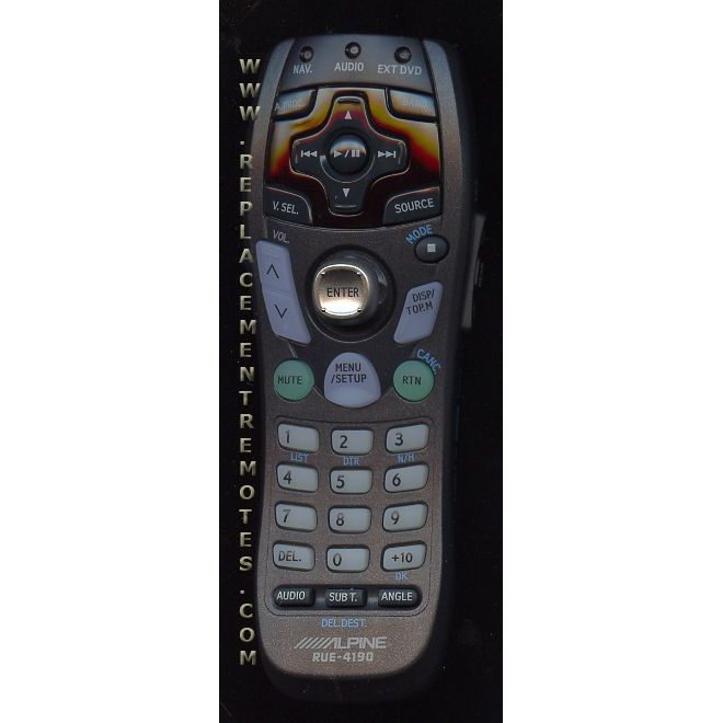 The Alpine RUE4190 Audio Remote Control is tailored for the Alpine Audio/DVD/Navi integrated system, featuring buttons for navigation, volume, and menu setup.
