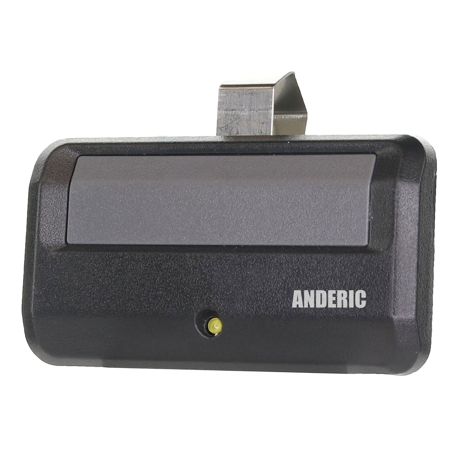 Anderic 1-button garage door opener remote in black with a metal visor clip and LED indicator light.