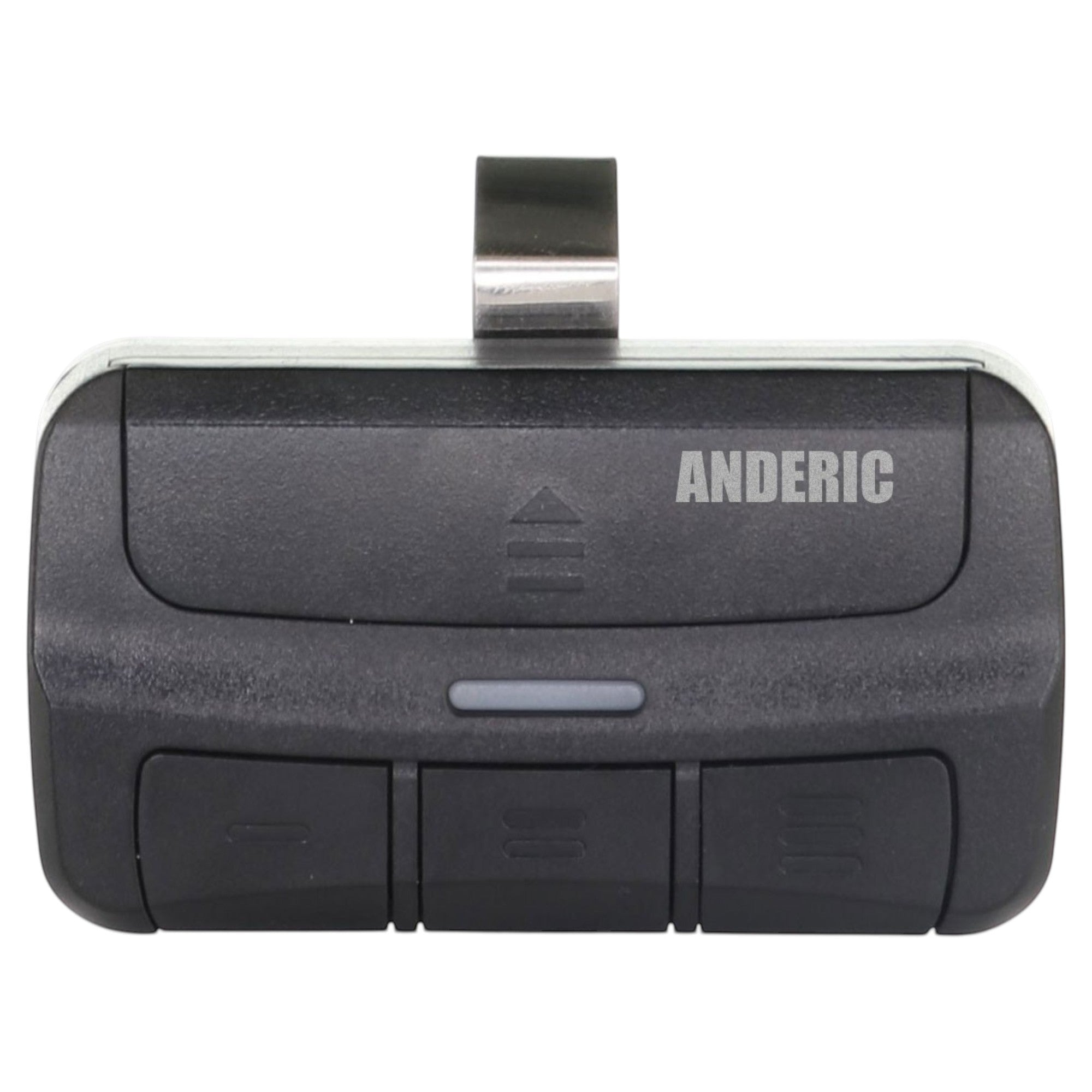 Anderic 3-button universal garage door remote control in black with a silver visor clip and LED indicator.