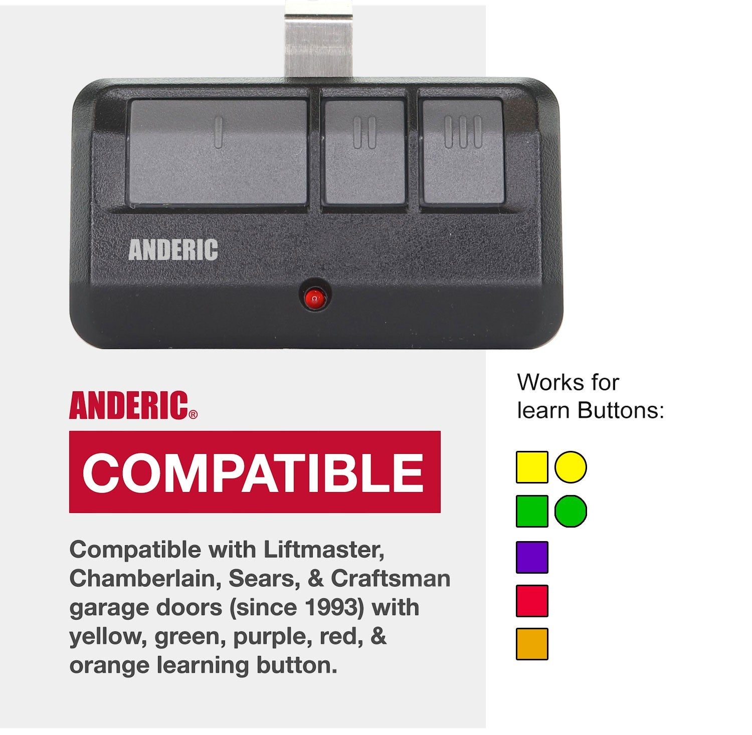 Anderic 3-button garage door remote control with visor clip, black plastic housing, and red LED indicator light.
