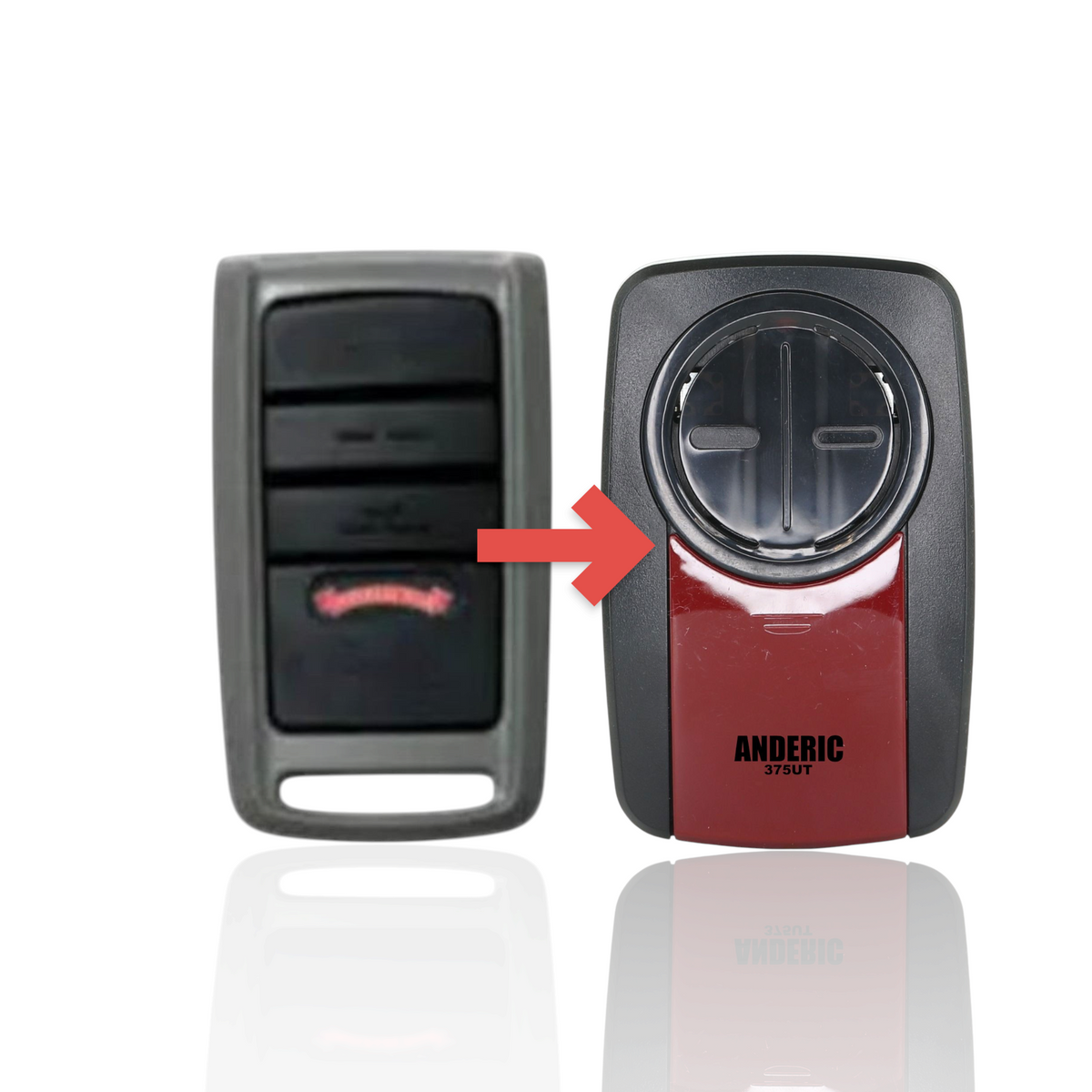 Anderic 3-button garage door opener remote with grey casing and black tactile buttons for Overhead Door systems.