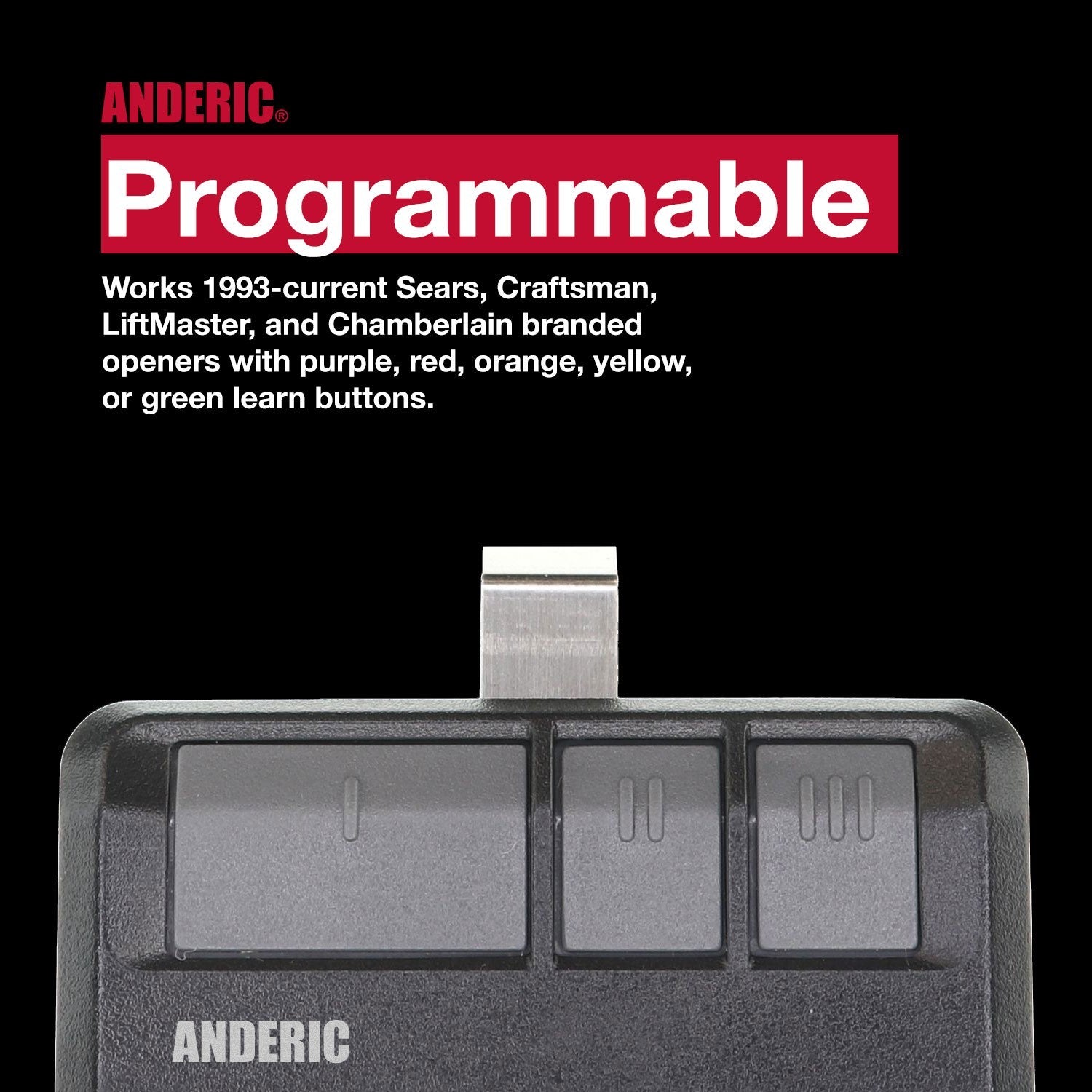 Anderic 3-button garage door remote control with a metal clip, compatible with various opener learn buttons.