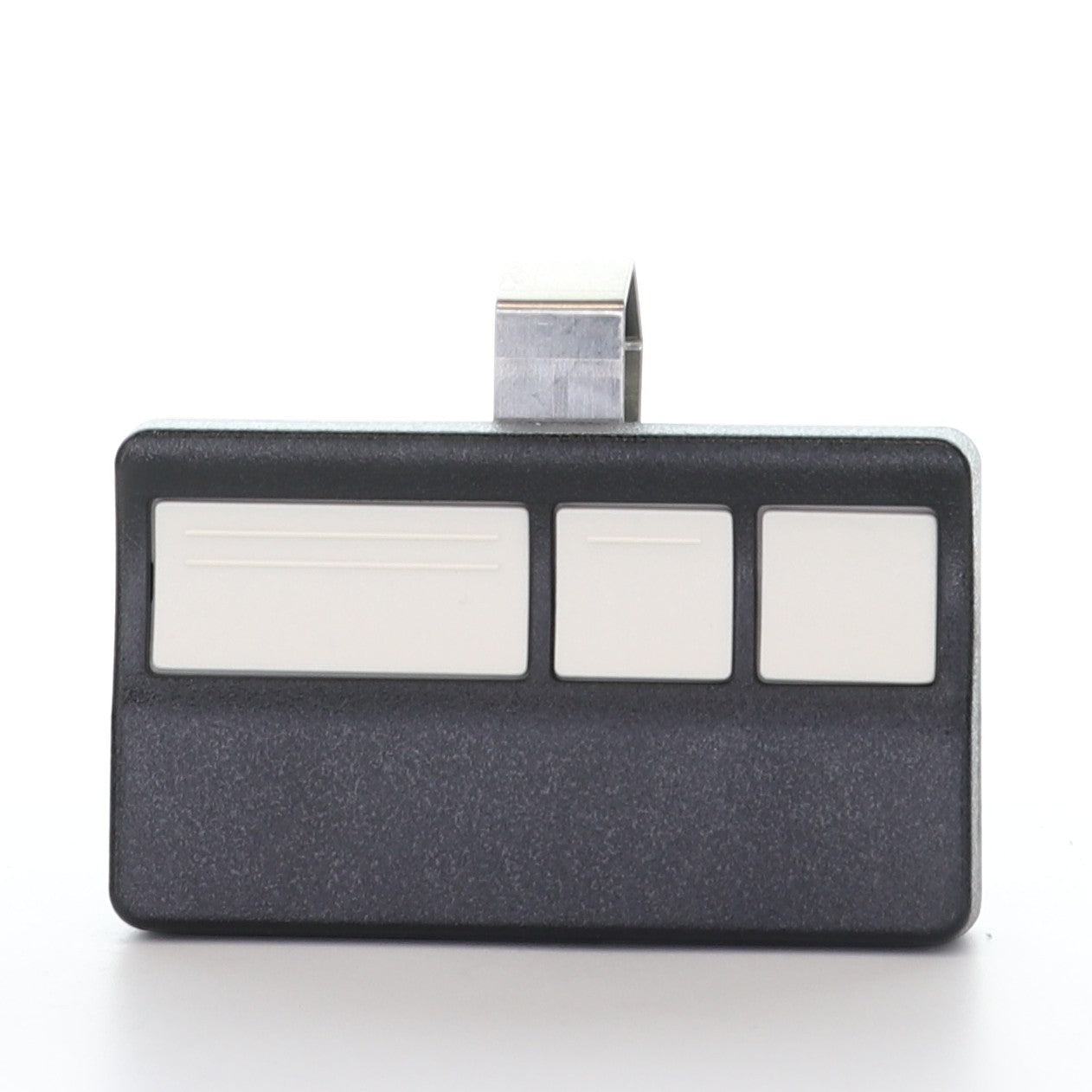 Anderic 3-button garage door opener remote in black with white buttons and a metal visor clip.