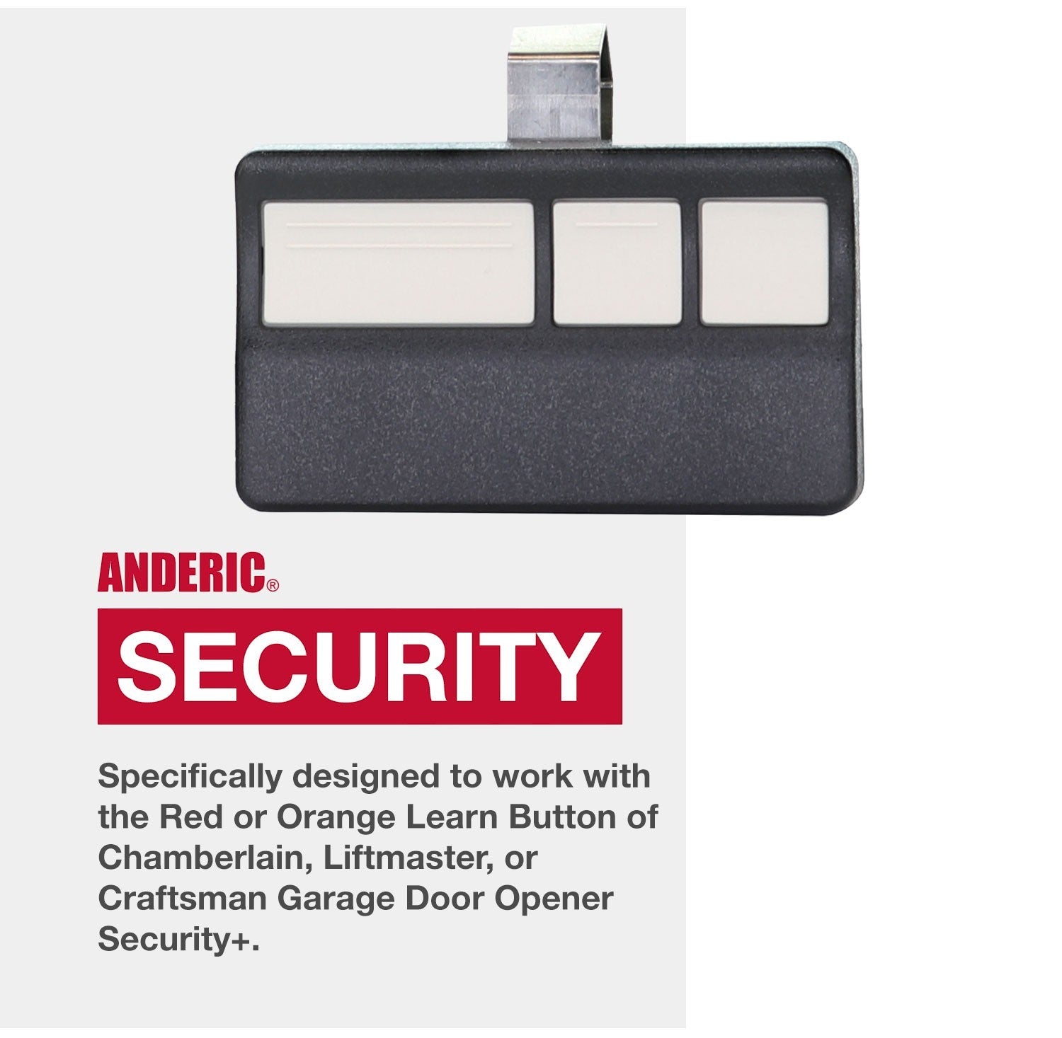Anderic 3-button garage door opener remote with visor clip, compatible with Security+ systems and 390 MHz openers.