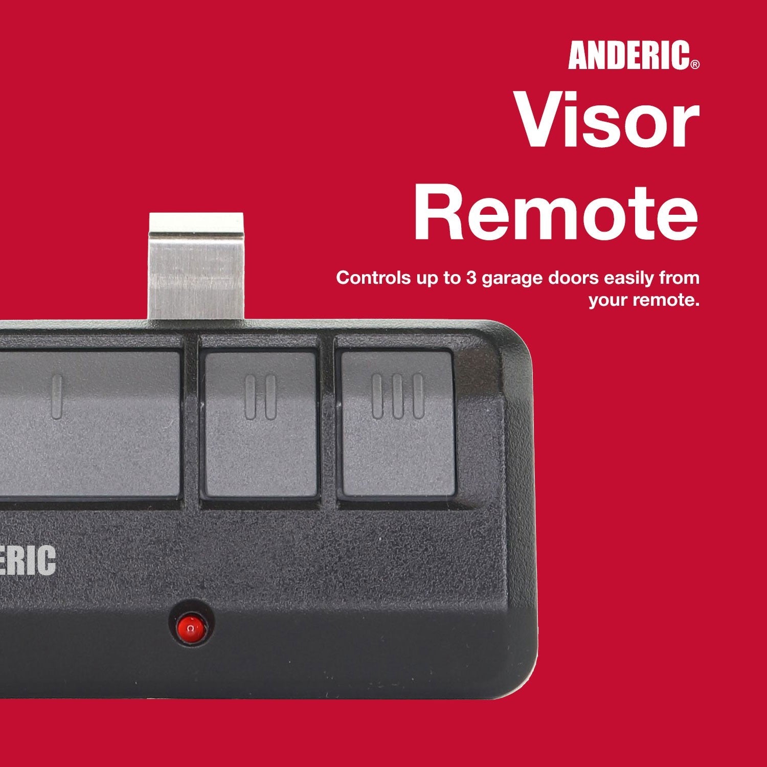 Anderic 3-button garage door opener remote control with a metal visor clip on a red background